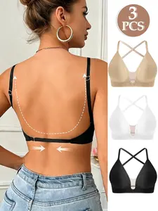 3Pcs 3Ways Wear Women's Seamless Mesh Splicing Wireless Backless Bra Set, Everyday Basic Casual Fitted Medium Support Bras, All Seasons Wear, 3pcs Multiple Styles