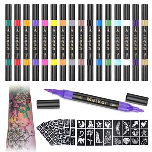 Temporary Tattoo Markers for Skin | Dual-End 16-Count Body Markers + 77 Large Tattoo Stencils | Temporary tattoos for Adults and Kids | Flexible Brh Tip, Bright colors, Skin-Safe*, Cosmetic-Grade