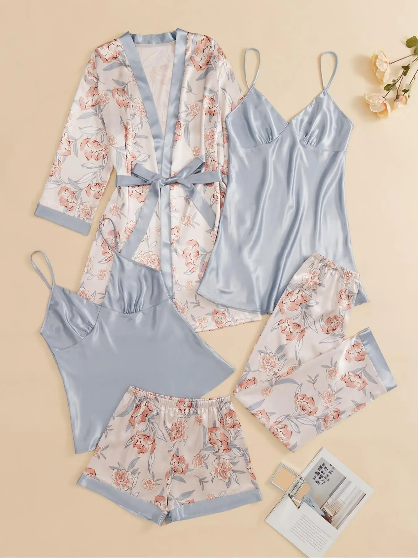 5 Piece Set Women's Satin Chic Floral & Plants Print Nightwear Pajama Set, Fall Clothes, Comfort Adjustable Strap Camisoles & Pj Pants & Shorts & Belt