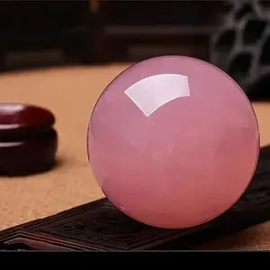 Natural Energy Gemstone Chakra Polished Rose Quartz Sphere with Red Base - Bohemian Home Decor Crystal Divination Ball for Unique Soft Home Decoration, Customized Link PVC Statue Figurine