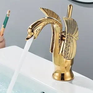 2024 1 count Gold Bathroom Sink Faucet, Swan Faucet Swan Shaped Single Handle Single Hole Lavatory Basin Tap Mixer Bird Faucets, with 2 Supply Hoses