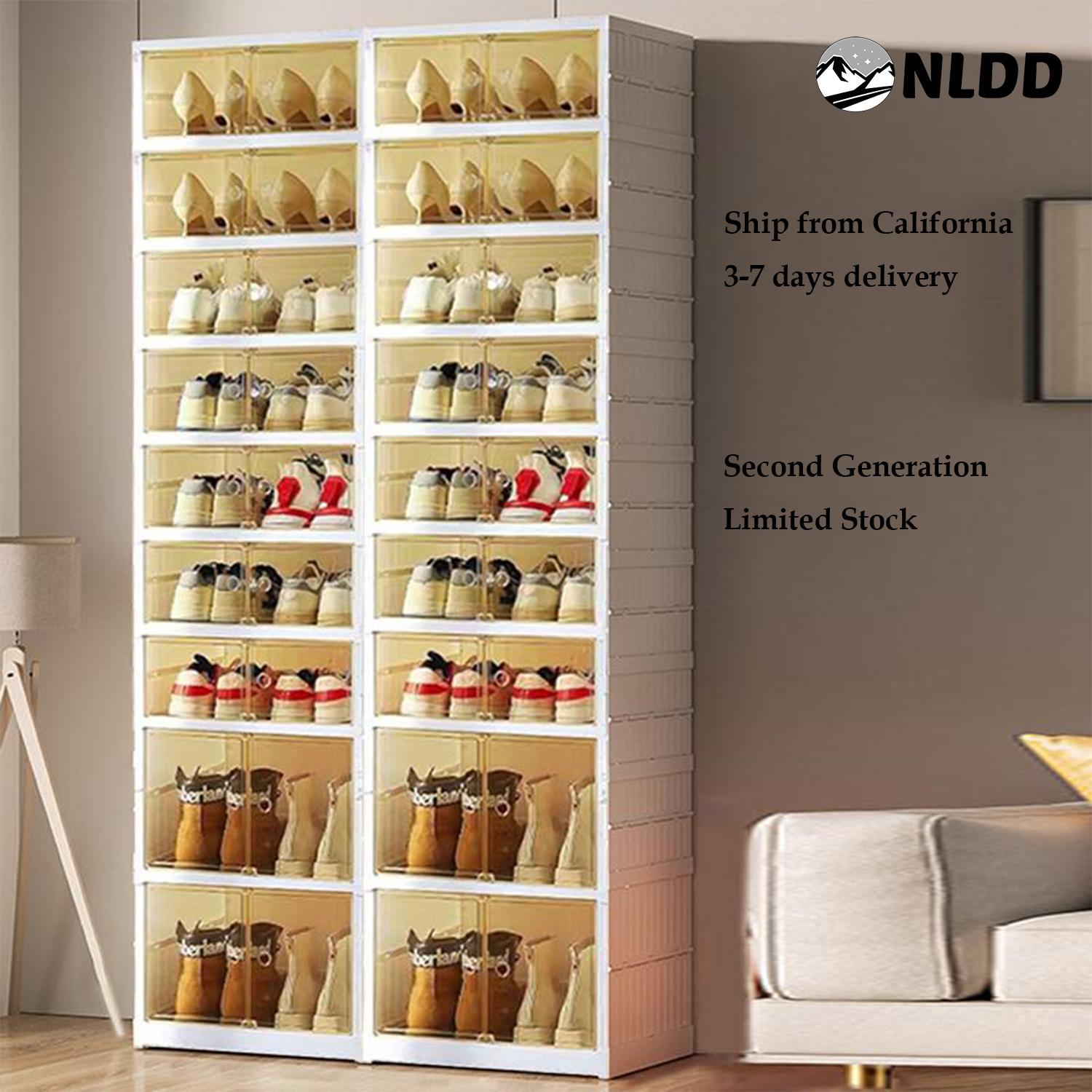 NLDD Expandable 9-Tier Shoe Rack with Clear Doors and Wheels: Collapsible Plastic Storage for 18 Pairs, Space Saving Cab
