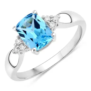 1.60 Ct Genuine Swiss Blue Topaz and Lab Diamond Silver Cushion Cut Cocktail Ring