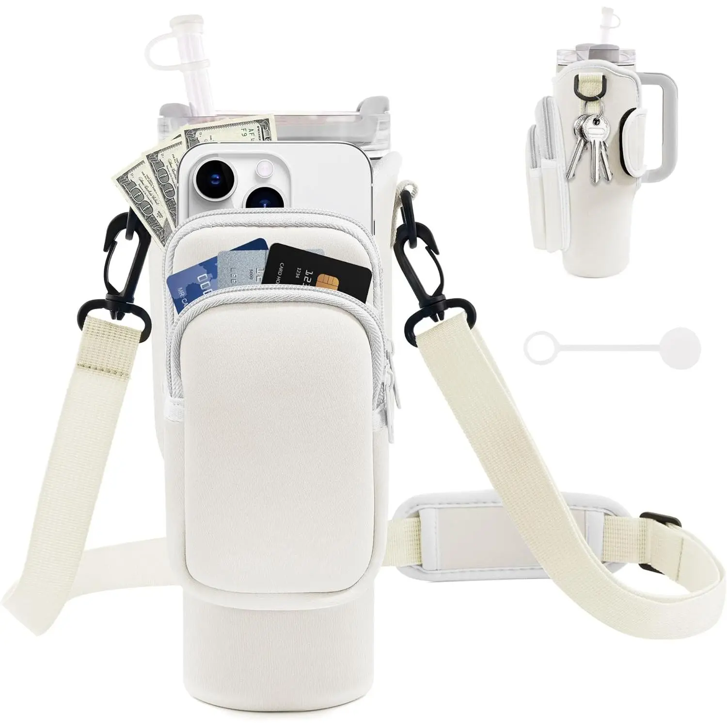 Water Bottle Carrier Bag with Phone Pocket for Stanley Cup 40/30 oz, Water Bottle Holder with Adjustable Strap& Straw Cover, Stanley Cup Accessories