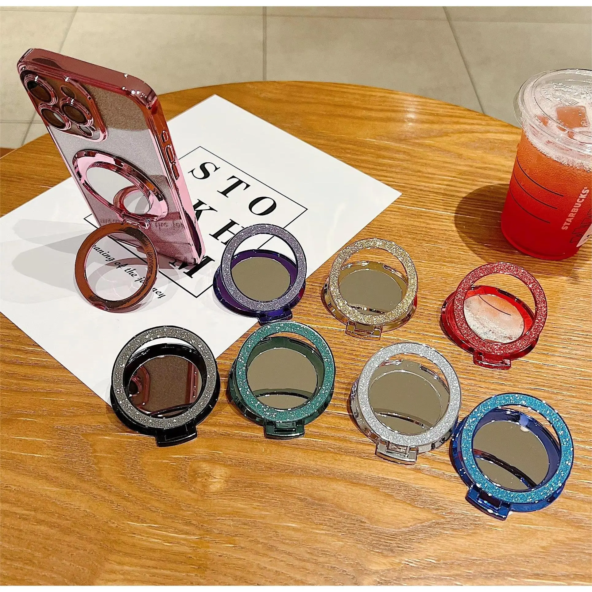 New Ring Grip Phone Holder Rotating Round Mirror Glitter Bling Holder for iPhone Redmi Samsung Mobile Phone Holder Magnetic Smartphone Cellphone Stand