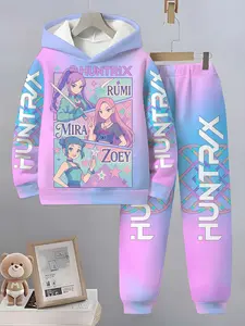 Adorable Girl Kpop Demon Hunters 3D Printed Hoodie Pants Set, Comfortable Casual Fashion Long Sleeve Sweatshirt Pullover, Fitted Perfect for Spring Fall Winter Seasons