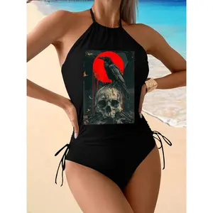 Women's 2-Piece Red Moon Black Gothic Grim Reaper Eagle Skull Pattern Black Crow Tankini Bikini, Halter Tops Swimsuits with Drawstring Tummy Control, Summer Medium-Stretch Sports Swimwear, Women's Swimsuits