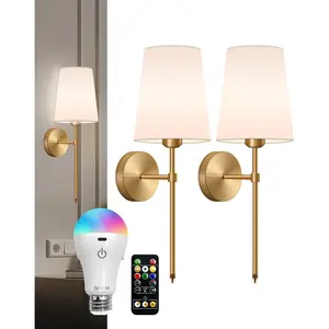 Wall Sconces Set of 2, Gold Battery Operated Wall Lights, Rechargeable RGB Color Changing Wall Lamps with Remote Control, Dimmable Cordless Wall Sconces for Bedroom Living Room Bathroom, No Hardwired