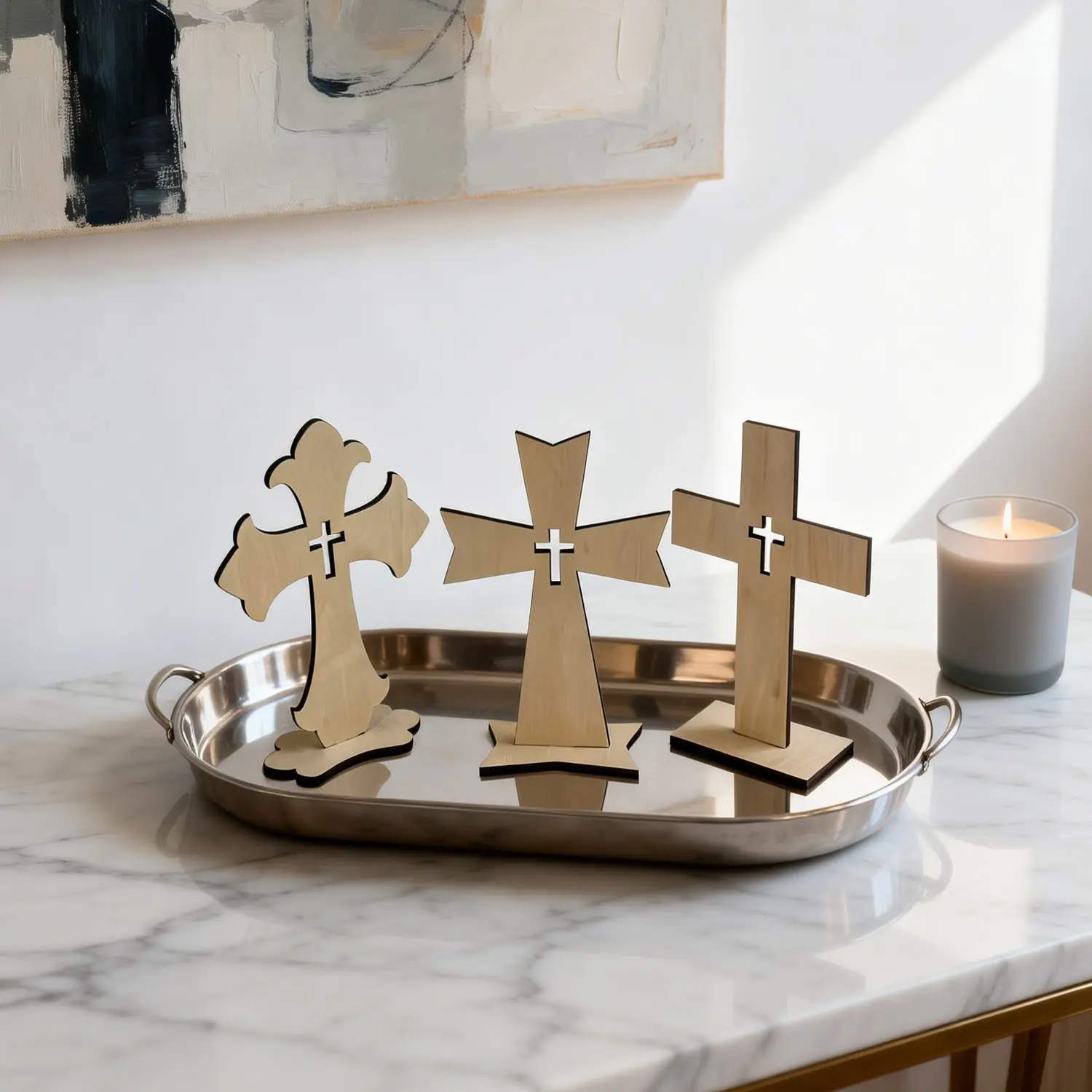 Bright Creations Wooden Crosses for Crafts - DIY Blanks to Paint & Cross Decor with Stands - Baptism Table Centerpieces & Favors - 3-Pack, Light Brown, Wooden Cross Decorations