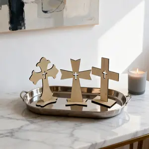 Bright Creations Wooden Crosses for Crafts - DIY Blanks to Paint & Cross Decor with Stands - Baptism Table Centerpieces & Favors - 3-Pack, Light Brown, Wooden Cross Decorations