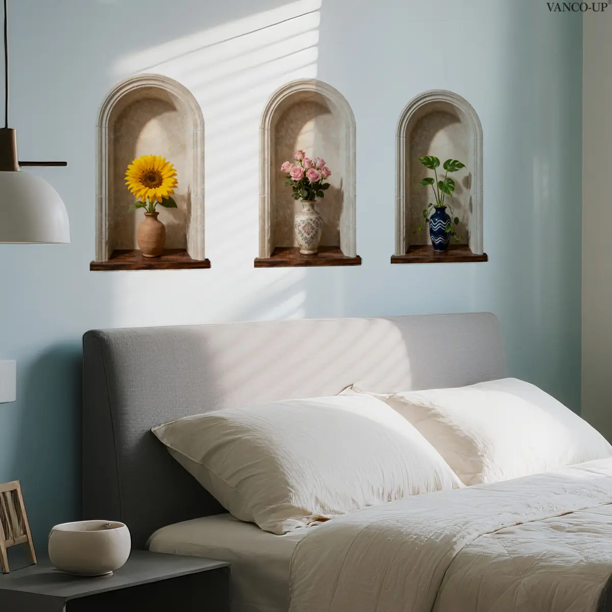 A set (30*50cm*3pcs) of arched vase sunflower, pink rose and leaf wall stickers for decorating festival home, living room, corridor, bedroom, bathroom and toilet background walls B20126