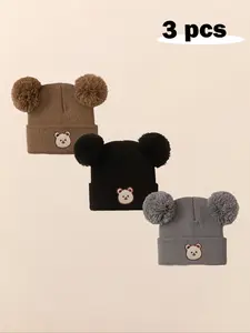 3pcs Baby Boys & Girls Newborn Toddler Pom-Pom Beanie, Cozy Knit Winter Warm Heart Design, Cute Babies Beanies Bonnet Hats for Kids Winter Skull Cap