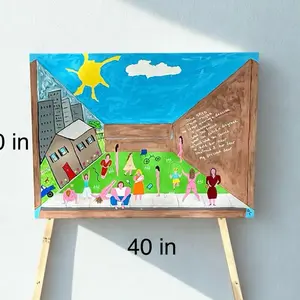 Blue Skys Thick Thighs Acrylic Painting on Canvas Surreal Street Scene with Women Representing Former Selves and Handwritten Poem