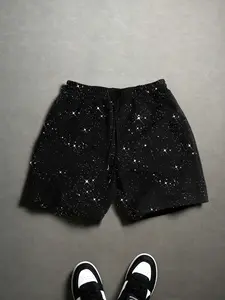 Men's Loose-Fitting Shorts, Elastic Waist Drawstring Design, Sequins Embellished, Side Pockets, Casual Sportswear, Summer Sports Shorts