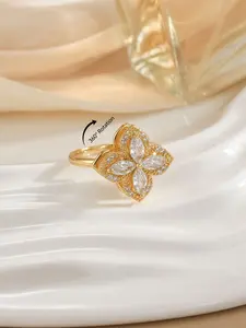 Rhombus Cat Eye Stone Rotating Open Ring, Elegant Floral Butterfly Ring for Women, Luxury Sparkling Jewelry Birthday Gift