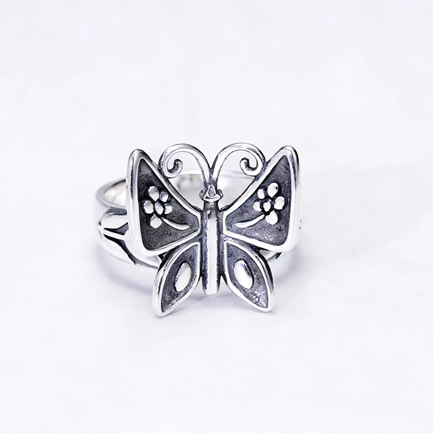Vintage Butterfly Ring for Women, Silver Plated Boho Band with Peach Blossom Design, Daily Statement Stacking Jewelry, Size 6-10, Vintage Butterfly Design, Unique Everyday Stacking Jewelry, Beautiful Rings