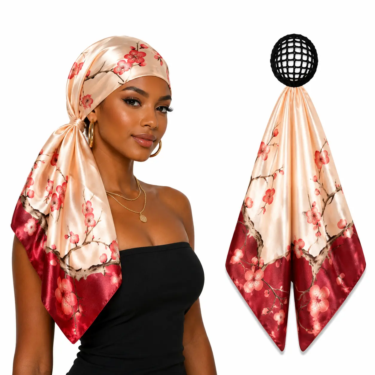 Spring Blossom 2-in-1 Satin Hair Wrap & Attached Hair Net