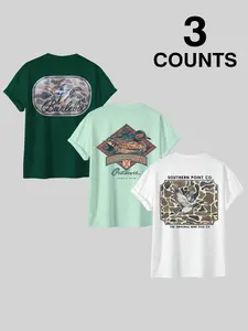 Men's Casual Fashion Graphic Print T-Shirt, Camo & Duck Pattern Short Sleeve, Regular Fit Summer Top, Outdoor Activity Clothing