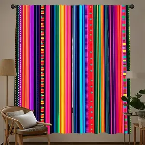 Vibrant Mexican Striped Curtains Set, 100% Polyester Fiber, Light-Transmitting Rod Pocket Design, Easy Installation