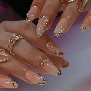 Press on Nails Almond French Tip Fake Nails with Gold Line Design Medium Fasle Nails Press ons for Women 24 Pcs