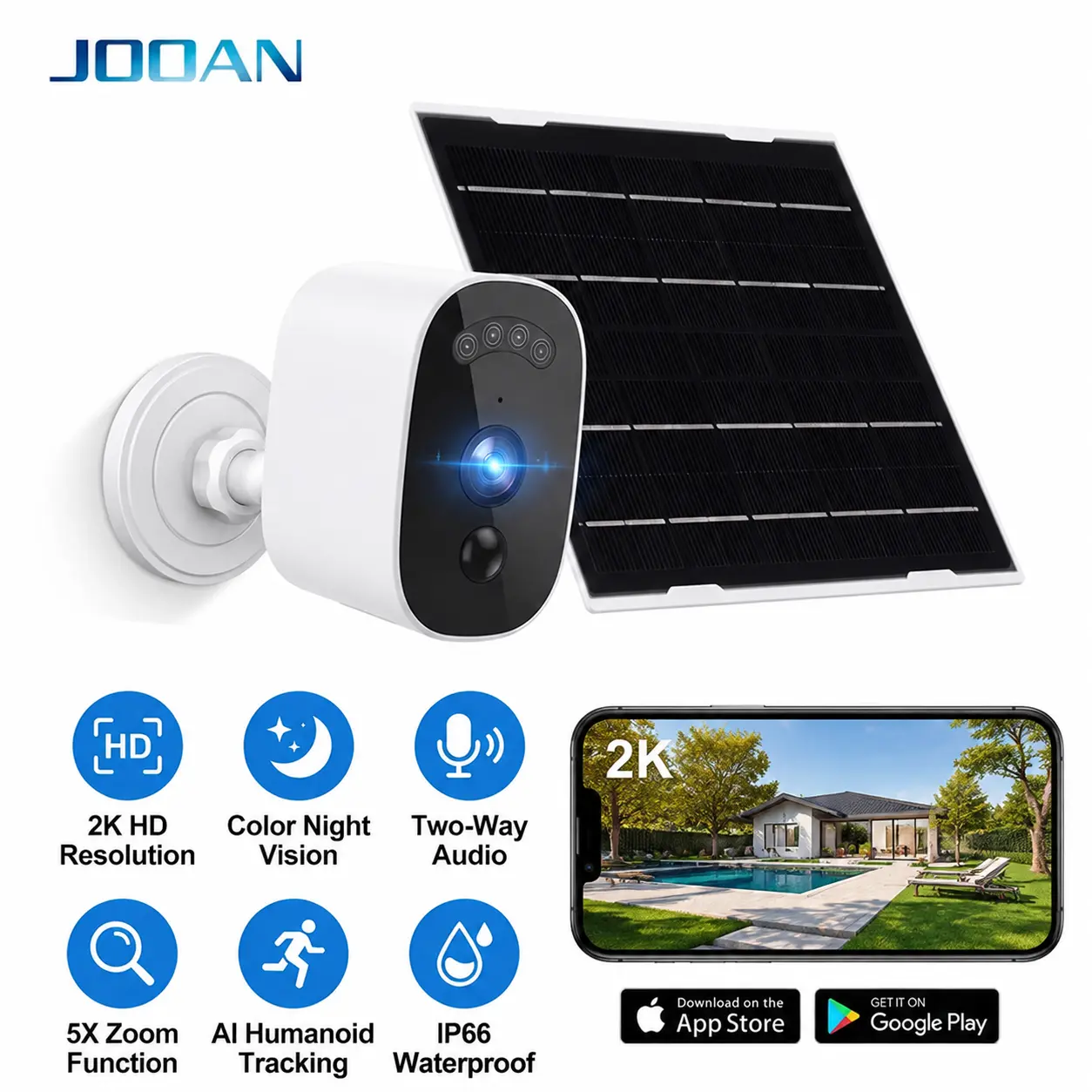JOOAN 2K Wireless Outdoor Security Camera - Solar & Battery Dual Powered WiFi Home Surveillance Camera, Magnetic Installation, Full-Color Night Vision, Human Motion Detection, 2-Way Audio, IP66 Dustproof Waterproof, TF Card & Cloud Dual Storage