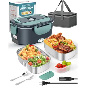Lonchera Electrica Electric Lunch Box Heater 80W, Dual Container 1.5L Portable Heated Lunch Box for Adults, Stainless Steel Fork & Spoon, 12/24/110V