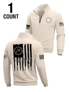 Men's Fall Winter Half-Zip Hoodie, Flag Print Design, Casual Fitted Kint Fabric, Easy Wear & Adjustable Collar, Ideal for Outdoor Activities