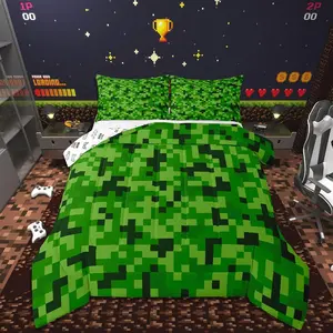 Green Pixelated Grid Bedding Set,Video Games Comforter Set,Kids Boys Girls Teens Room Decor,Cartoon Gamepad Quilt Set,Modern Geometric Check Duvet