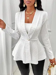 Women's Textured Faux Pearl Decor Button Front Peplum Hem Coat, Elegant Long Sleeve V Neck Outerwear for Fall, Ladies Clothes for Daily Wear