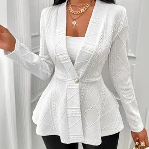 Women's Textured Faux Pearl Decor Button Front Peplum Hem Coat, Elegant Long Sleeve V Neck Outerwear for Fall, Ladies Clothes for Daily Wear