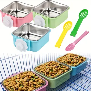 Pack Of 3 Pet Feeding Bowls Removable Pet Food Spoon and Water Bowl Cage Stainless Steel Feeding Bowls,Hanging Cage Food and Water Bowls,Chicken Cage Cups for Puppies,Cats,Birds and Rabbits