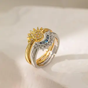 Sicbumi Sun and Moon Ring Set, Sparkling Ring for Couple Women and Men, Friendship Promise Ring, Stackable Celestial Rings, Gift for Women