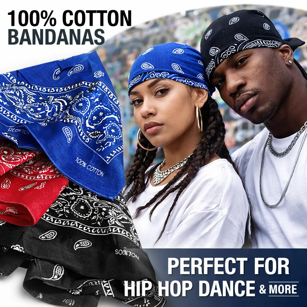 Unisex 12-Pc Bulk Cotton Bandanas (22x22 in) - Double Sided Scarf, Versatile Headscarf, Breathable Ponytail Tie, Durag Alternative, Tie Dye Kerchief for Men, Motorcycle Use