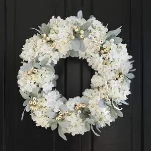 Cream Hydrangea Wreath for Front Door Outside, 18 Inch Wedding Decorations with Hydrangea, Lamb’s Ear Leaves for All Seasons Wreath, Spring Summer Farmhouse White Year Round Wreaths Ornaments Blue 01