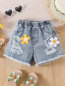 Girls' Daisy Denim Shorts, Colorblock Floral Embroidery, Ripped Faux Fur Hem, Summer Breathable, Casual Fashion, Slim Fit, Elastic Waist Shorts