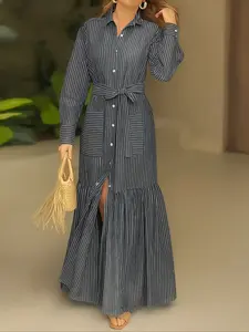 Striped Long Sleeve Woven Shirt Dress with Pockets, A-Line Adjustable Tie Waist Design, Fit, Casual Vacation, Women's Fashion Clothing, Womenswear