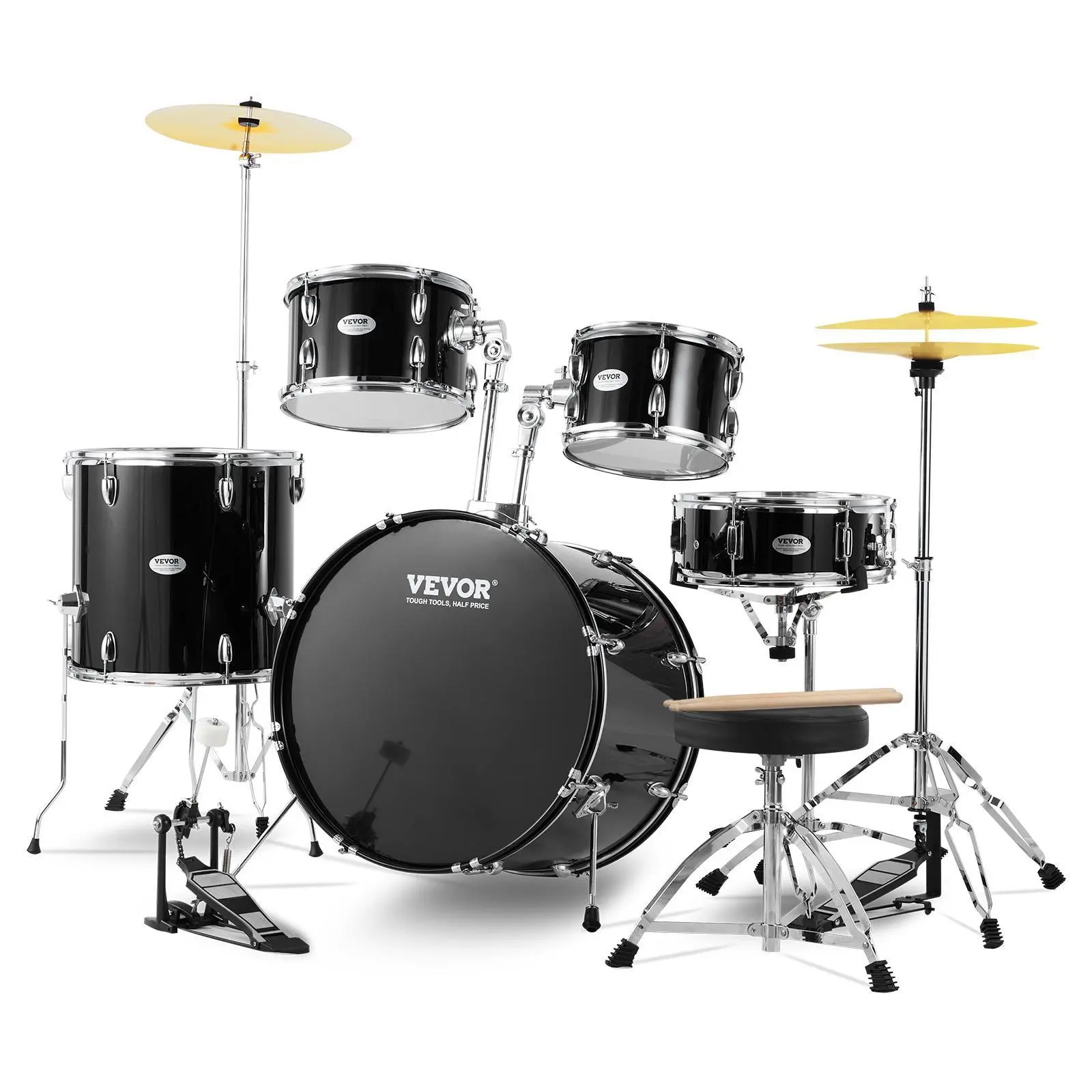 【Backtoschool】VEVOR Adult Drum Set,  5-Piece, 22 inches Complete Full Size Drum Kit with Bass Toms Snare Floor Drum Adjustable Throne Stands Cymbal Hi-Hat Pedal and Drumsticks, Beginner Drum Kit for Adults, Black