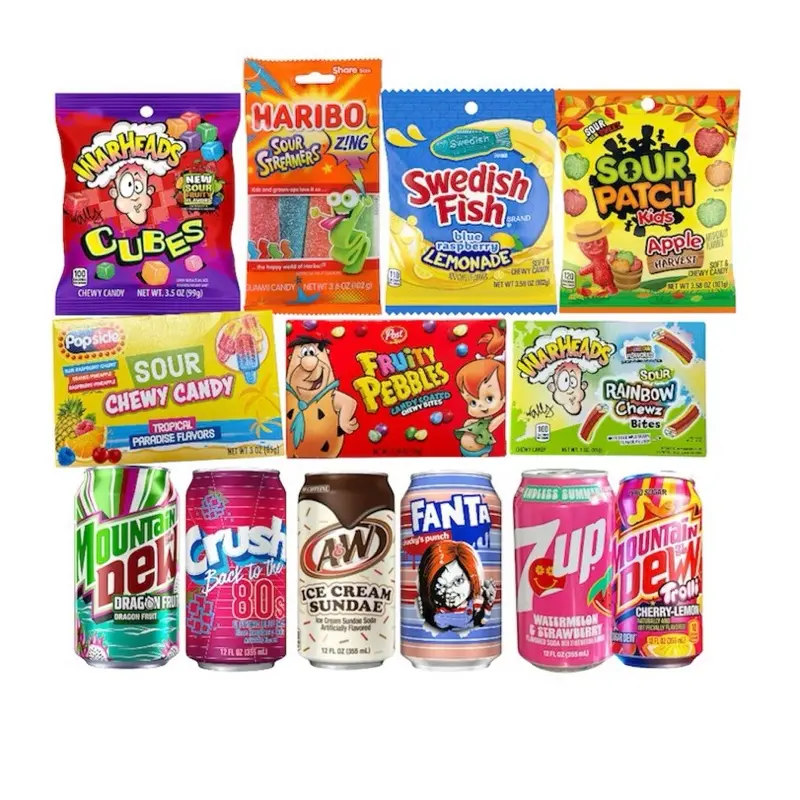 Candy and Soda Assorted Box 1 bag of Candy and 1 Soda Can Candy and Soda Assorted Box 1 bag of Candy and 1 Soda Can