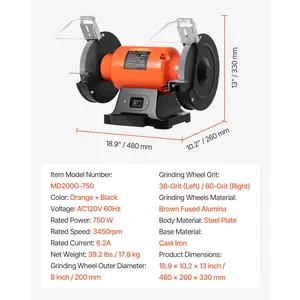 VEVOR Bench Grinder, 8-inch Single Speed Bench Grinder, 3450RPM High-Speed Table Grinders with 750W 6.2A Induction Motor, 36/60-Grit Grinding Wheel Adjustable Eye Shield for Fast Sharpening Grinding