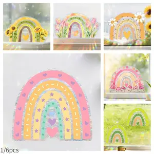 1/6pcs Rainbow Flower Glitter Static Cling Decal, Colorful Sun Catcher Electrostatic Sticker, Double-Sided, for Living Room, Bedroom, Glass Window Decor