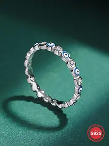 925 Sterling Silver Fashion Evil Eye Design Ring, Artificial Zircon Decor Ring, Trendy All-match & Exquisite Jewelry for Birthday Gift, Stackable Rings, Engagement Wedding Ring, Bridal Rings, Elegant Ring, Cluster Ring, Unique Rings
