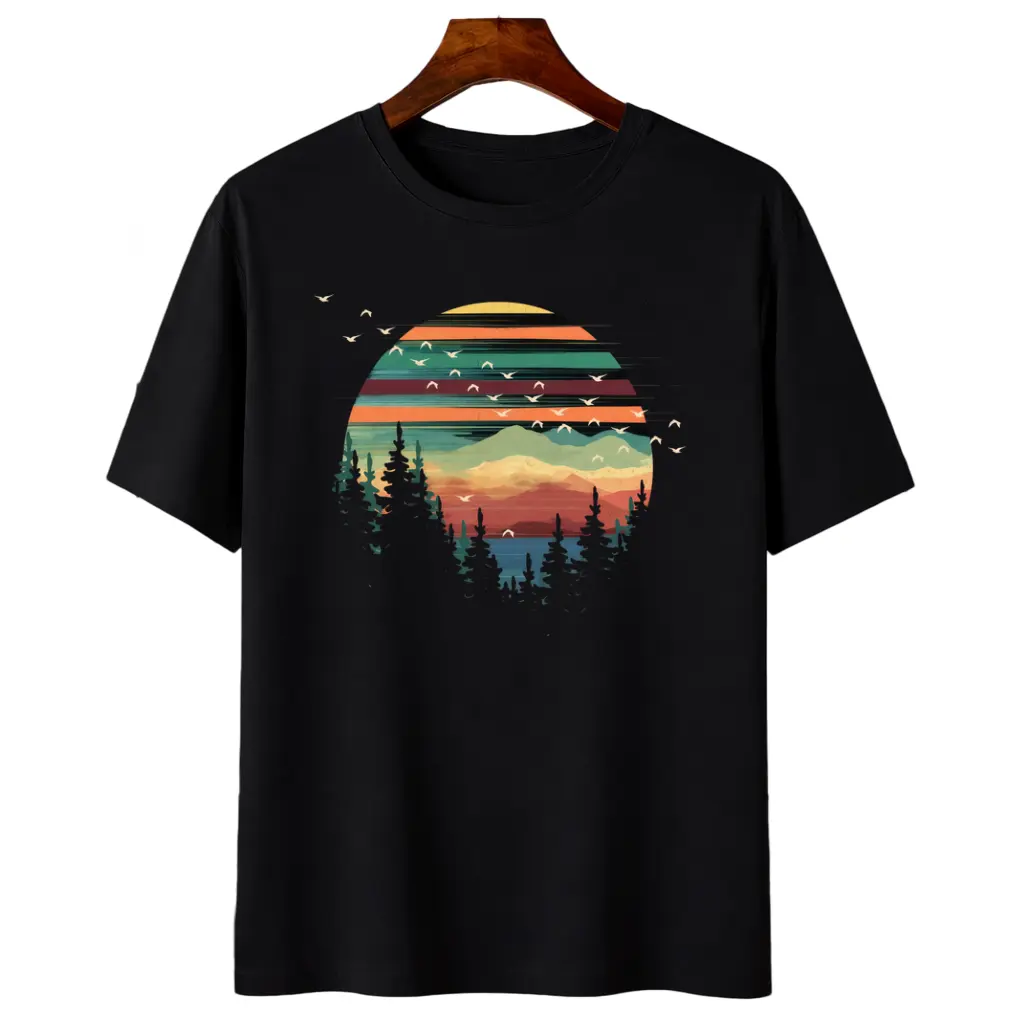 Vintage Forest Sunset Printed Tee Nature Landscape Design Comfortable Daily Wear Perfect Gift For Nature Lovers