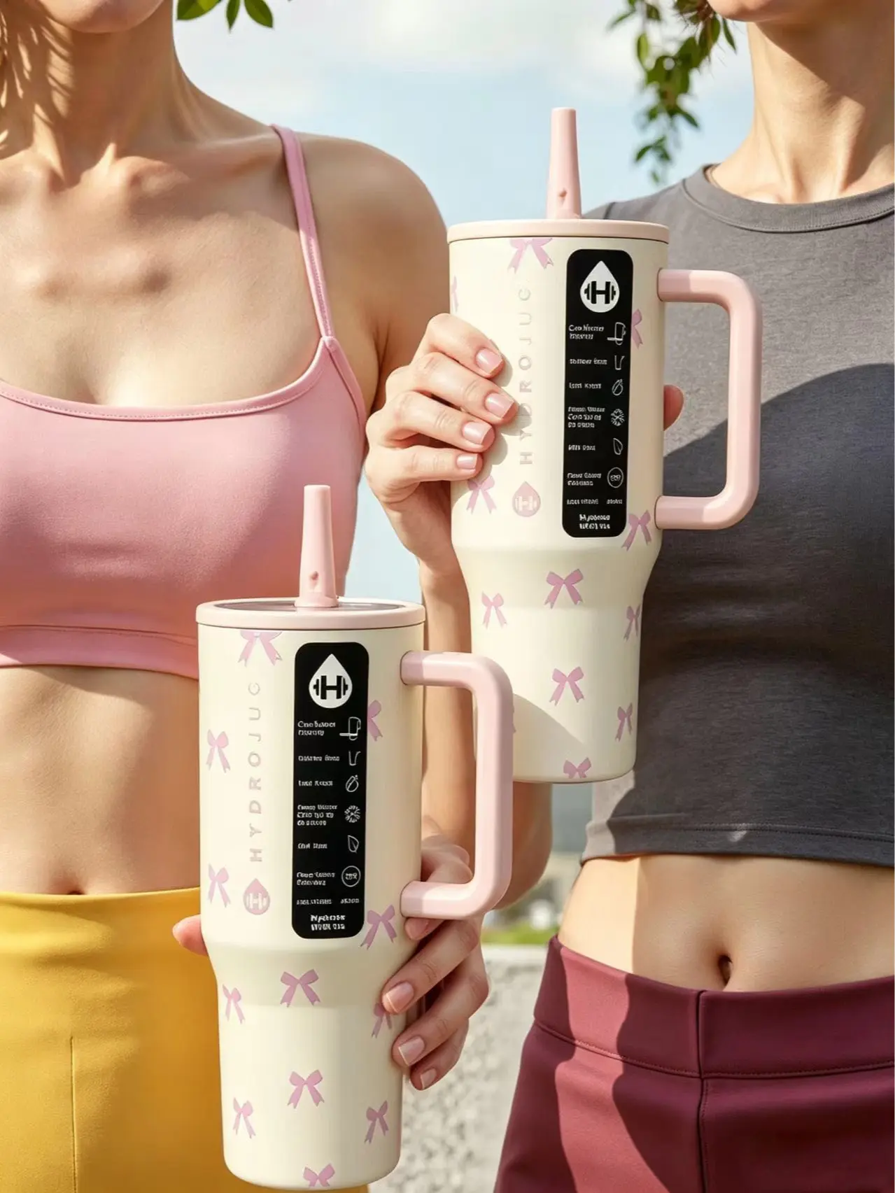 HydroJug 40oz Pink Bow Print Tumbler with Handle,  Leakproof、Keeps Cold 24 Hours、Cup Holder Friendly、With Handle,for School & Office