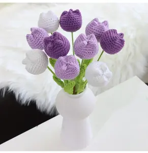 10Pcs Artificial Flowers Crochet Flowers,  Completed Handmade Tulip Crochet Tulip Flowers with Leave and Long Stem, Assorted Colors  for Home Decoration and Valentine's Day  Birthday Wedding Gift