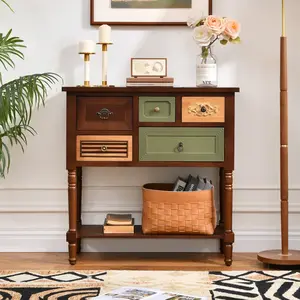 Vintage 5 Drawer Accent Chest, Boho Wood Storage Cabinet with Mixed Drawer Fronts, Retro Entryway Console Table for Living Room & Bedroom