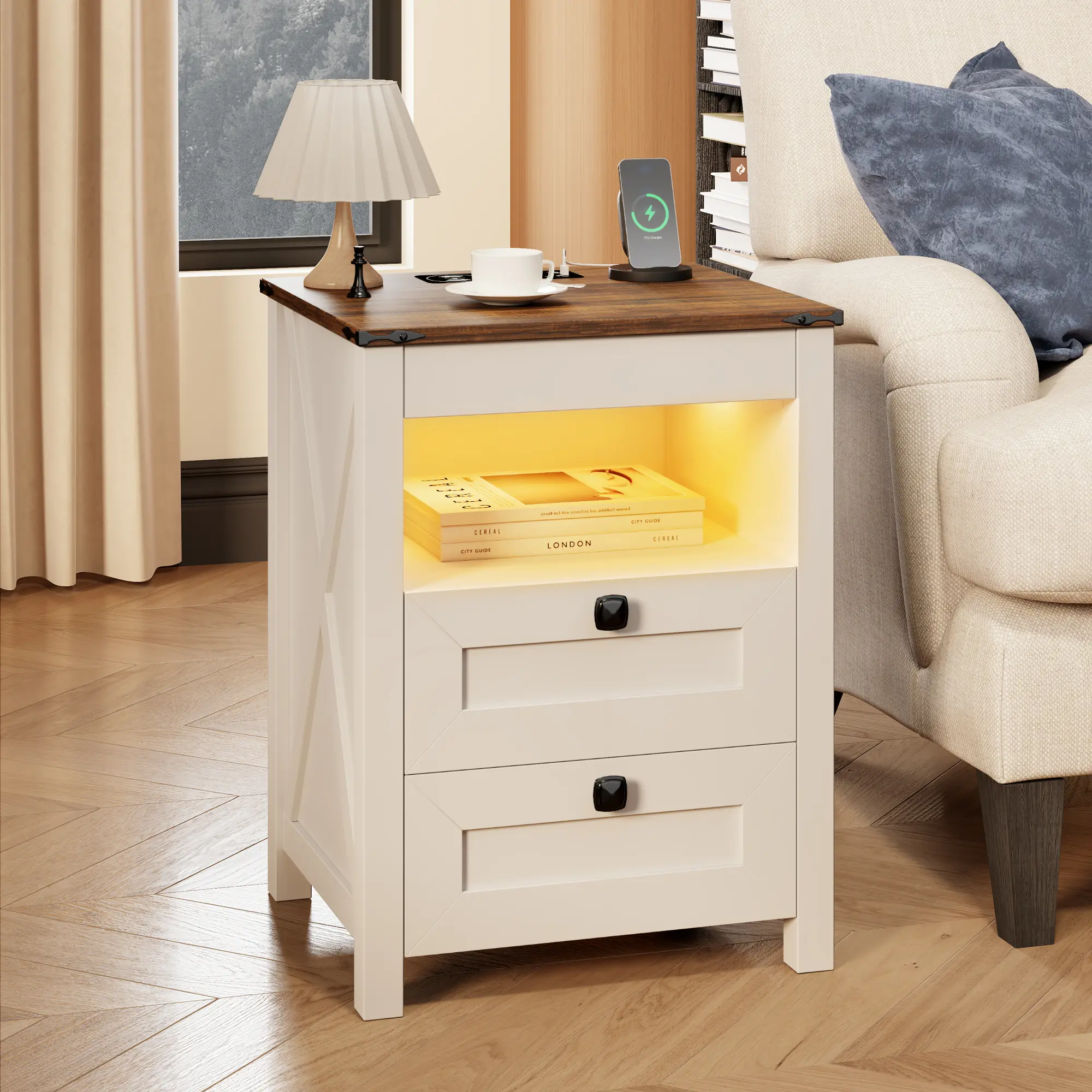 Dystler Rectangular Slim Farmhouse LED Nightstand - Smart Human Sensor RGB Lights, Lockable Gun Drawer, USB/Type-C/Wireless Charging Station, Lockable Storage Cabinet, Space-Saving Bedroom Side Table | Indoor Furniture (Assembly Needed), Lockable Drawer