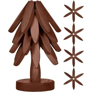 4-Piece Walnut Wooden Tree Trivet Set with Stand Foldable Christmas Tree Storage for Hot Dish Pot Teapot Holder Kitchen Table Coasters Tableware