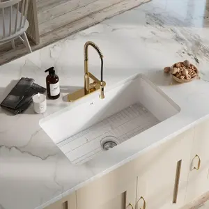 32 x 19 Inch White Fireclay Kitchen Sink, Drop-In or Undermount Kitchen Sink With Smooth Finish, Dual Mount Single Bowl Sink, Rectangular Design, Sloped Drainage, and Accessories Including Sink Grid and Drain Strainer