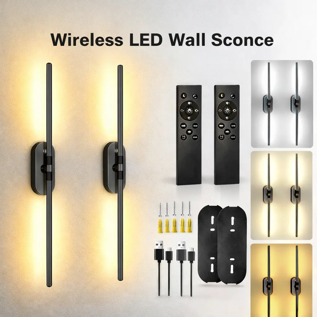 Wireless LED Wall Sconces – Rechargeable with Remote Control, Dimmable 3000K–6500K, Magnetic Linear Design  360° Rotation & Timer – Ideal for Living Rooms & Bedrooms