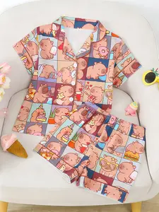 2-Piece Kids Pajama Set, Flame-Resistant Knit, Cartoon Capybara Print, Button Front Short Sleeve, Loose Fit, All Seasons